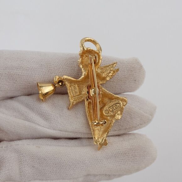 Vintage Gold Tone Cherub Angel Ringing Bell Brooch Pin - Picture 4 of 16